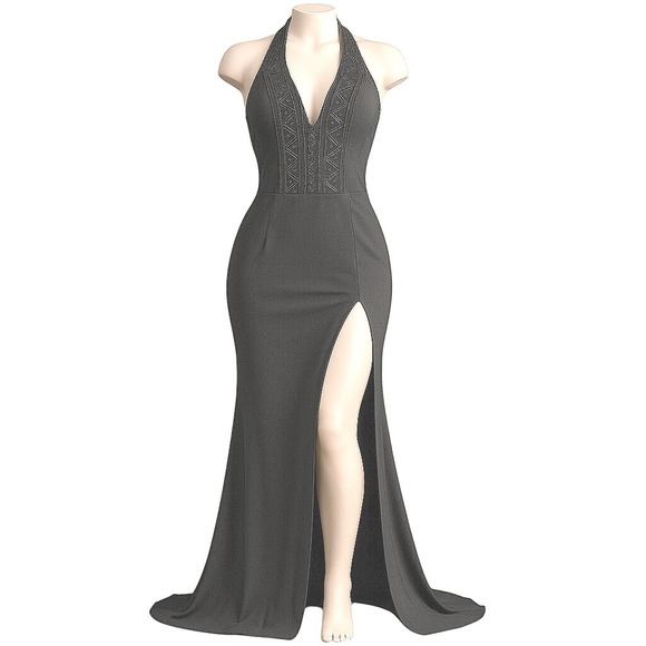 Jovani Dresses & Skirts - Jovani Black Halter Neck Beaded‎ High Slit Prom Evening Gown Size 8